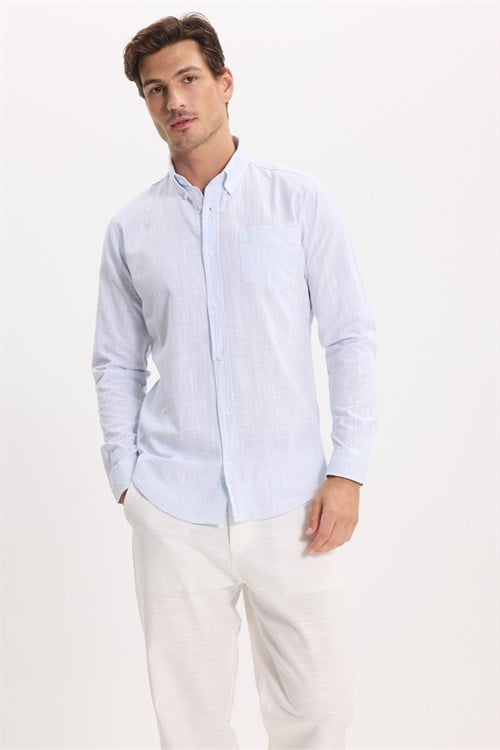Erkek Slim Fit Dar Kesim Uzun Kollu %100 Pamuk Keten Efektli Düğmeli Yaka Rahat Mavi Gömlek