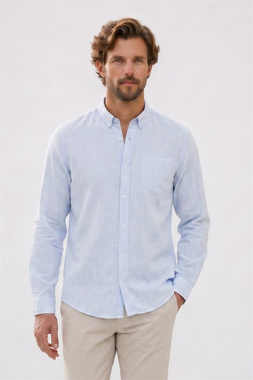 Erkek Slim Fit Dar Kesim Uzun Kollu %100 Pamuk Keten Efektli Düğmeli Yaka Rahat Mavi Gömlek