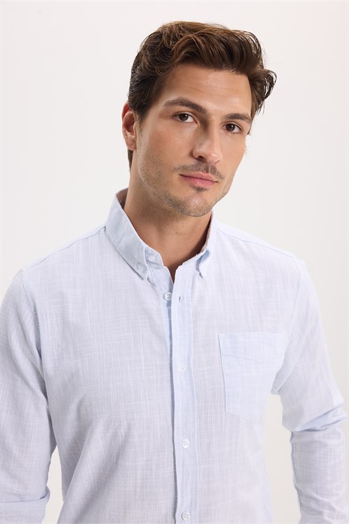 Erkek Slim Fit Dar Kesim Uzun Kollu %100 Pamuk Keten Efektli Düğmeli Yaka Rahat Mavi Gömlek