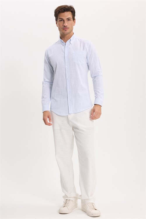 Erkek Slim Fit Dar Kesim Uzun Kollu %100 Pamuk Keten Efektli Düğmeli Yaka Rahat Mavi Gömlek