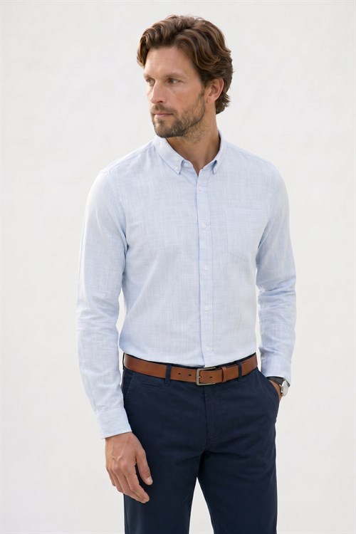Erkek Slim Fit Dar Kesim Uzun Kollu %100 Pamuk Keten Efektli Düğmeli Yaka Rahat Mavi Gömlek