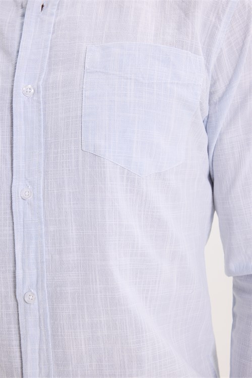 Erkek Slim Fit Dar Kesim Uzun Kollu %100 Pamuk Keten Efektli Düğmeli Yaka Rahat Mavi Gömlek