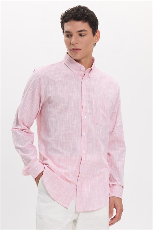 Erkek Slim Fit Dar Kesim Uzun Kollu %100 Pamuk Keten Efektli Düğmeli Yaka Rahat Kırmızı Gömlek