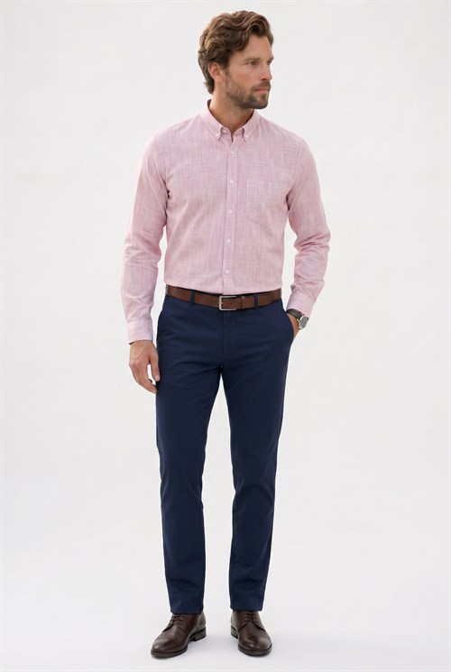 Erkek Slim Fit Dar Kesim Uzun Kollu %100 Pamuk Keten Efektli Düğmeli Yaka Rahat Kırmızı Gömlek