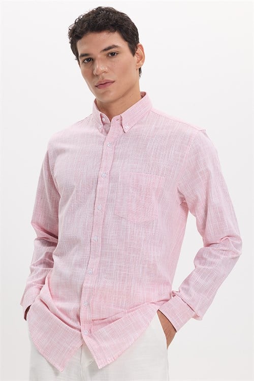 Erkek Slim Fit Dar Kesim Uzun Kollu %100 Pamuk Keten Efektli Düğmeli Yaka Rahat Kırmızı Gömlek