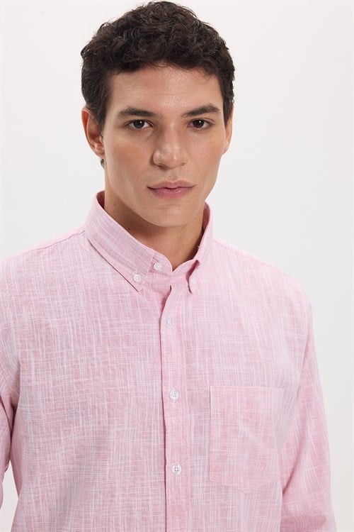 Erkek Slim Fit Dar Kesim Uzun Kollu %100 Pamuk Keten Efektli Düğmeli Yaka Rahat Kırmızı Gömlek