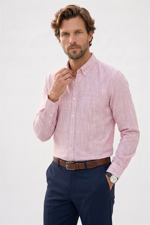 Erkek Slim Fit Dar Kesim Uzun Kollu %100 Pamuk Keten Efektli Düğmeli Yaka Rahat Kırmızı Gömlek