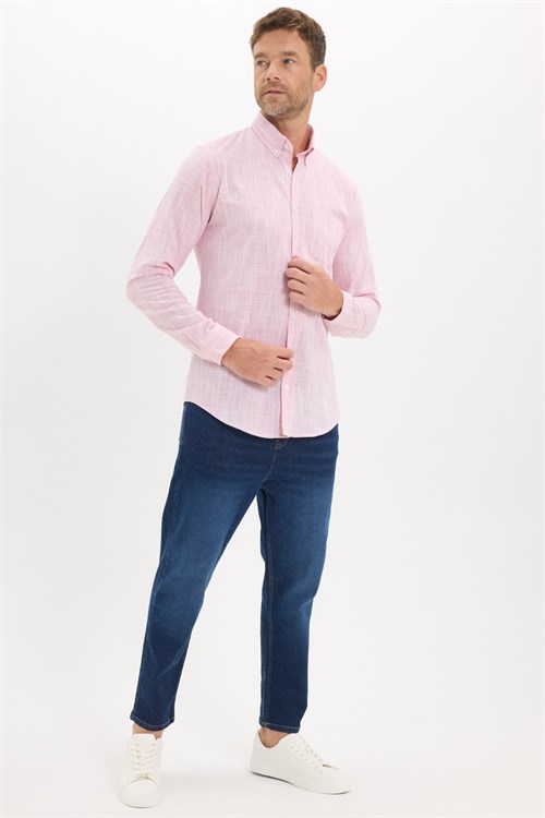 Erkek Slim Fit Dar Kesim Uzun Kollu %100 Pamuk Keten Efektli Düğmeli Yaka Rahat Kırmızı Gömlek