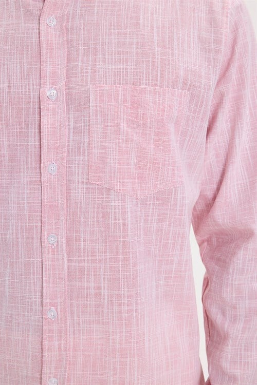 Erkek Slim Fit Dar Kesim Uzun Kollu %100 Pamuk Keten Efektli Düğmeli Yaka Rahat Kırmızı Gömlek