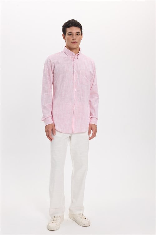 Erkek Slim Fit Dar Kesim Uzun Kollu %100 Pamuk Keten Efektli Düğmeli Yaka Rahat Kırmızı Gömlek