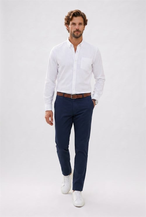 Erkek Slim Fit Dar Kesim Uzun Kollu %100 Pamuk Keten Efektli Düğmeli Yaka Rahat Beyaz Gömlek