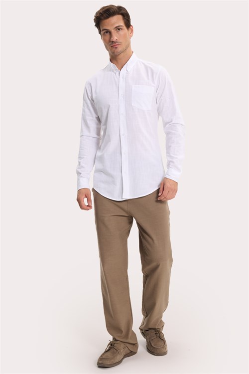 Erkek Slim Fit Dar Kesim Uzun Kollu %100 Pamuk Keten Efektli Düğmeli Yaka Rahat Beyaz Gömlek