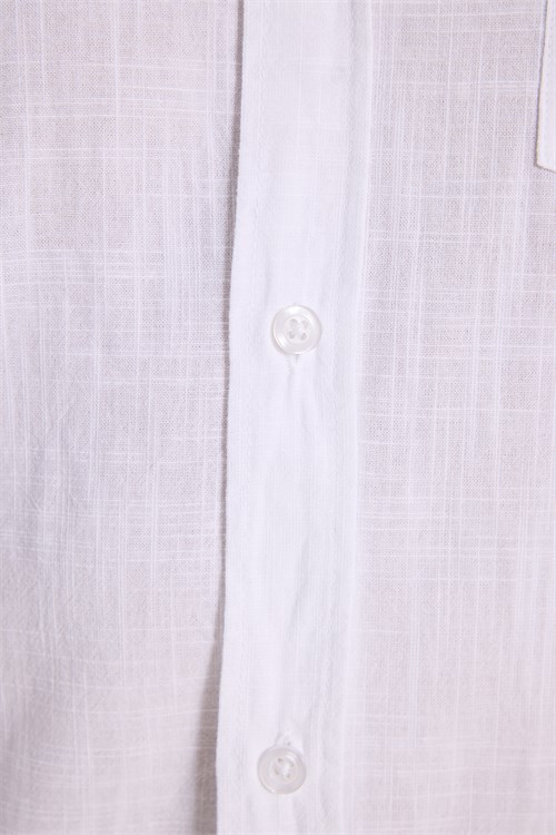 Erkek Slim Fit Dar Kesim Uzun Kollu %100 Pamuk Keten Efektli Düğmeli Yaka Rahat Beyaz Gömlek