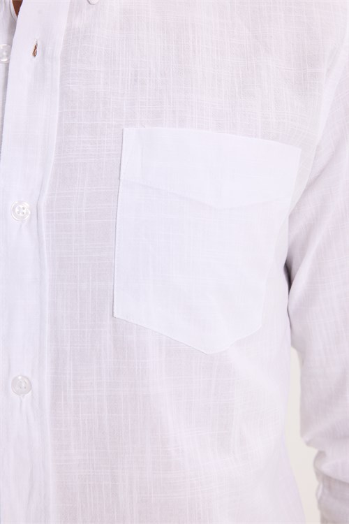 Erkek Slim Fit Dar Kesim Uzun Kollu %100 Pamuk Keten Efektli Düğmeli Yaka Rahat Beyaz Gömlek