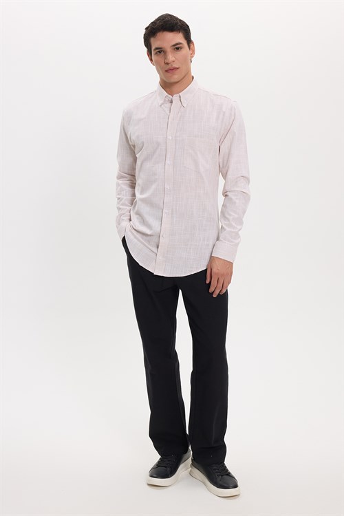 Erkek Slim Fit Dar Kesim Uzun Kollu %100 Pamuk Keten Efektli Düğmeli Yaka Rahat Bej Gömlek