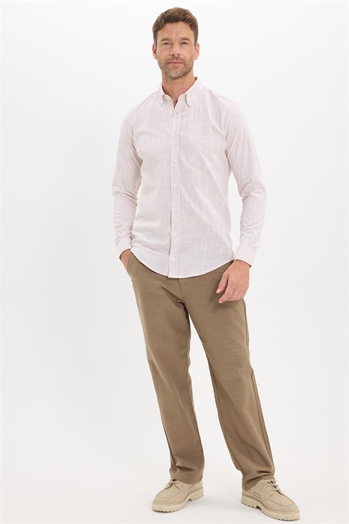 Erkek Slim Fit Dar Kesim Uzun Kollu %100 Pamuk Keten Efektli Düğmeli Yaka Rahat Bej Gömlek