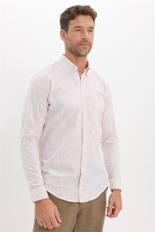 Erkek Slim Fit Dar Kesim Uzun Kollu %100 Pamuk Keten Efektli Düğmeli Yaka Rahat Bej Gömlek