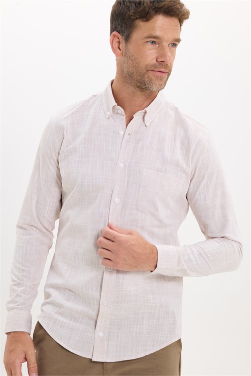 Erkek Slim Fit Dar Kesim Uzun Kollu %100 Pamuk Keten Efektli Düğmeli Yaka Rahat Bej Gömlek