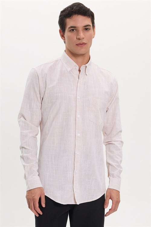 Erkek Slim Fit Dar Kesim Uzun Kollu %100 Pamuk Keten Efektli Düğmeli Yaka Rahat Bej Gömlek