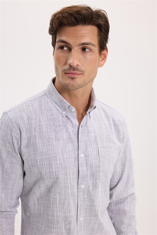 Erkek Slim Fit Dar Kesim Uzun Kollu %100 Pamuk Keten Efektli Düğmeli Yaka Rahat Gri Gömlek