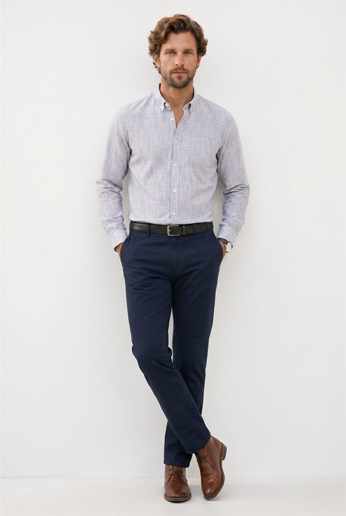 Erkek Slim Fit Dar Kesim Uzun Kollu %100 Pamuk Keten Efektli Düğmeli Yaka Rahat Gri Gömlek