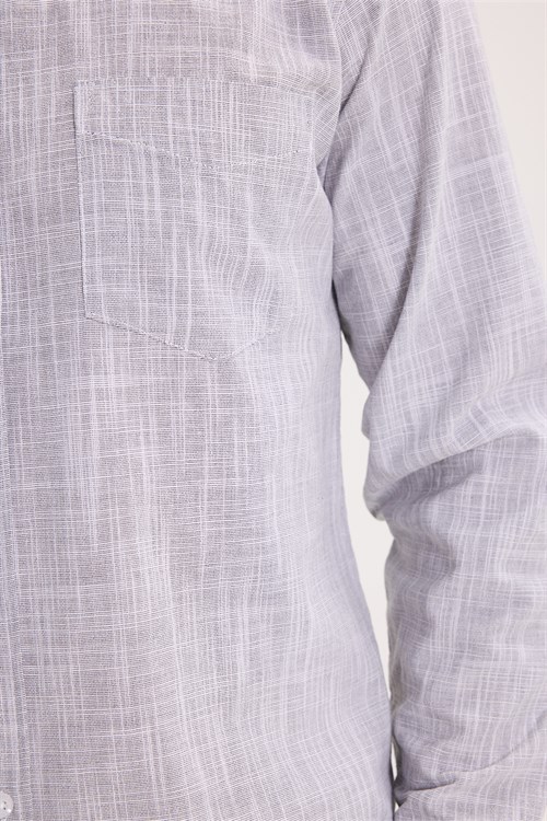 Erkek Slim Fit Dar Kesim Uzun Kollu %100 Pamuk Keten Efektli Düğmeli Yaka Rahat Gri Gömlek