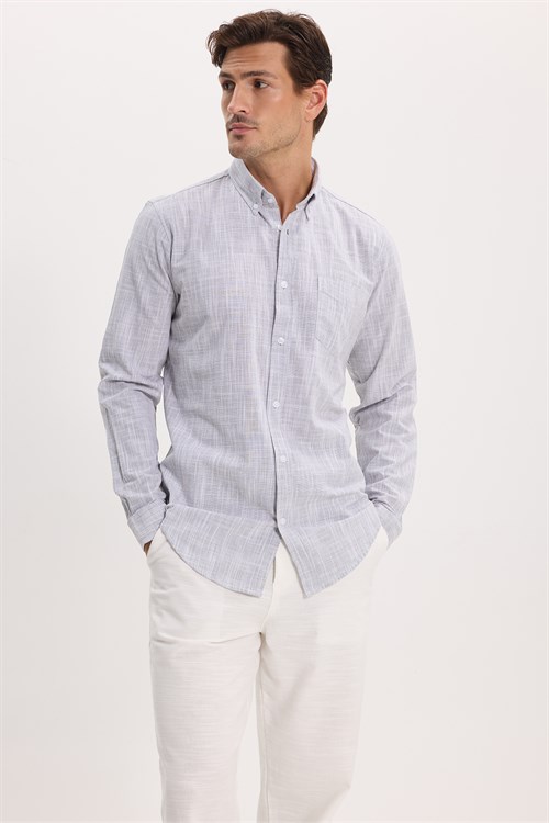 Erkek Slim Fit Dar Kesim Uzun Kollu %100 Pamuk Keten Efektli Düğmeli Yaka Rahat Gri Gömlek