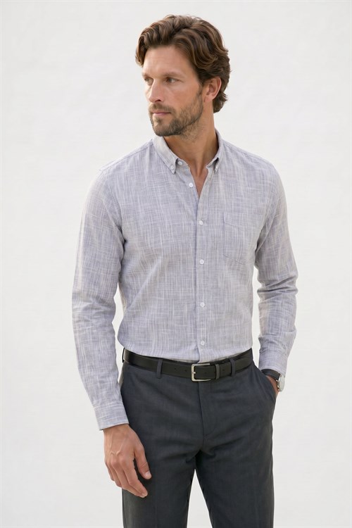 Erkek Slim Fit Dar Kesim Uzun Kollu %100 Pamuk Keten Efektli Düğmeli Yaka Rahat Gri Gömlek