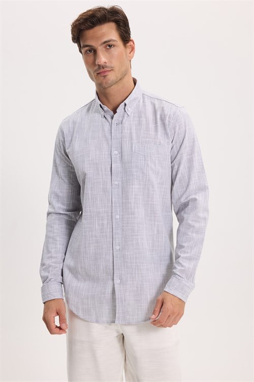 Erkek Slim Fit Dar Kesim Uzun Kollu %100 Pamuk Keten Efektli Düğmeli Yaka Rahat Gri Gömlek
