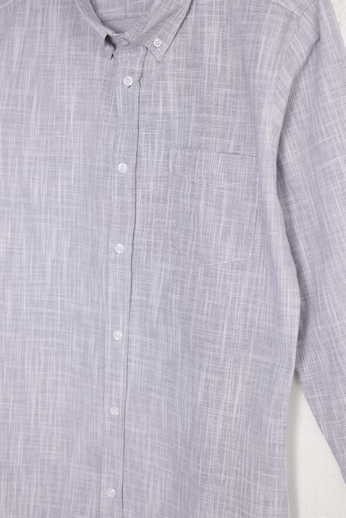 Erkek Slim Fit Dar Kesim Uzun Kollu %100 Pamuk Keten Efektli Düğmeli Yaka Rahat Gri Gömlek