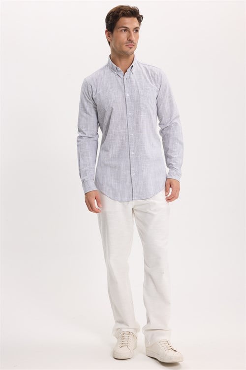 Erkek Slim Fit Dar Kesim Uzun Kollu %100 Pamuk Keten Efektli Düğmeli Yaka Rahat Gri Gömlek