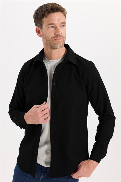 Erkek Slim Fit Dar Kesim Uzun Kollu Dokulu Kışlık Siyah Gömlek
