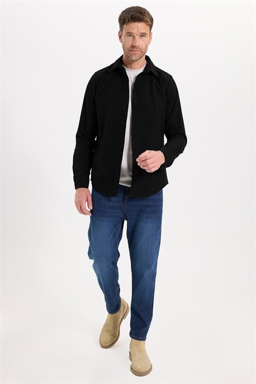 Erkek Slim Fit Dar Kesim Uzun Kollu Dokulu Kışlık Siyah Gömlek