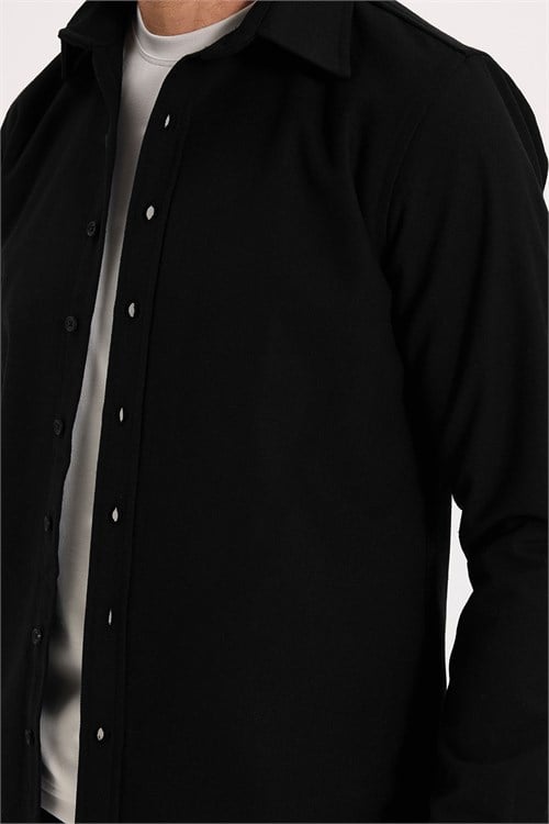 Erkek Slim Fit Dar Kesim Uzun Kollu Dokulu Kışlık Siyah Gömlek