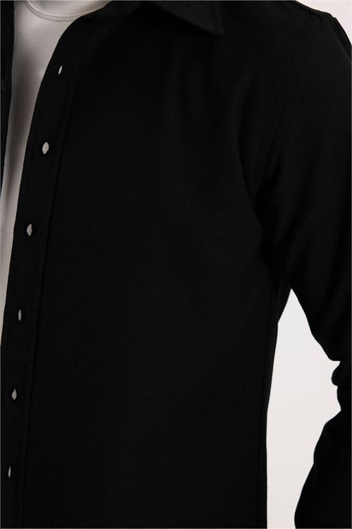 Erkek Slim Fit Dar Kesim Uzun Kollu Dokulu Kışlık Siyah Gömlek