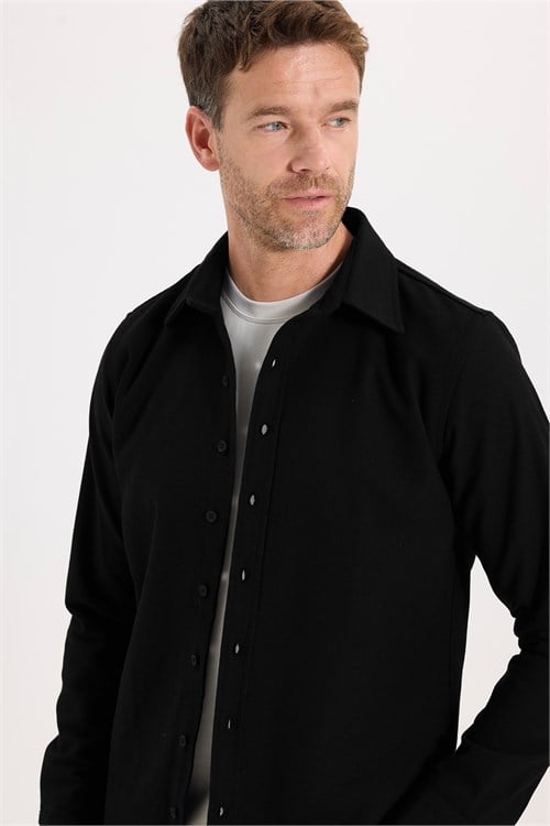 Erkek Slim Fit Dar Kesim Uzun Kollu Dokulu Kışlık Siyah Gömlek