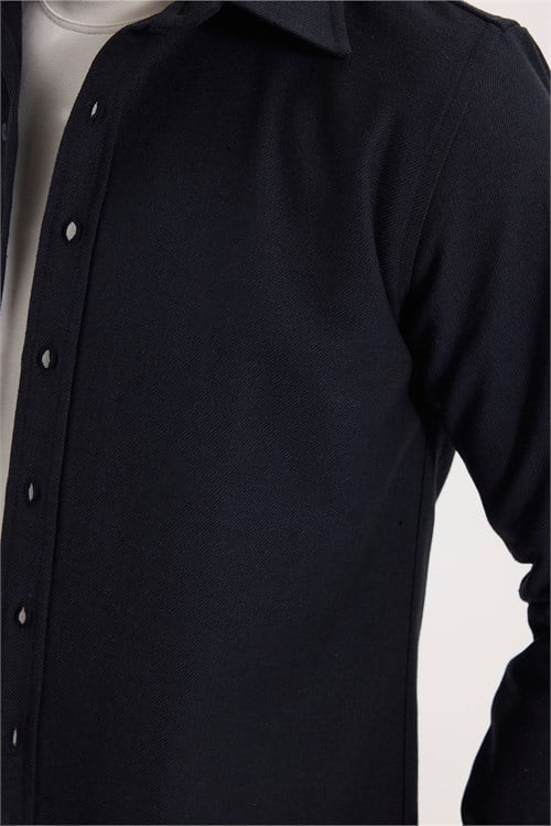 Erkek Slim Fit Dar Kesim Uzun Kollu Dokulu Kışlık Lacivert Gömlek
