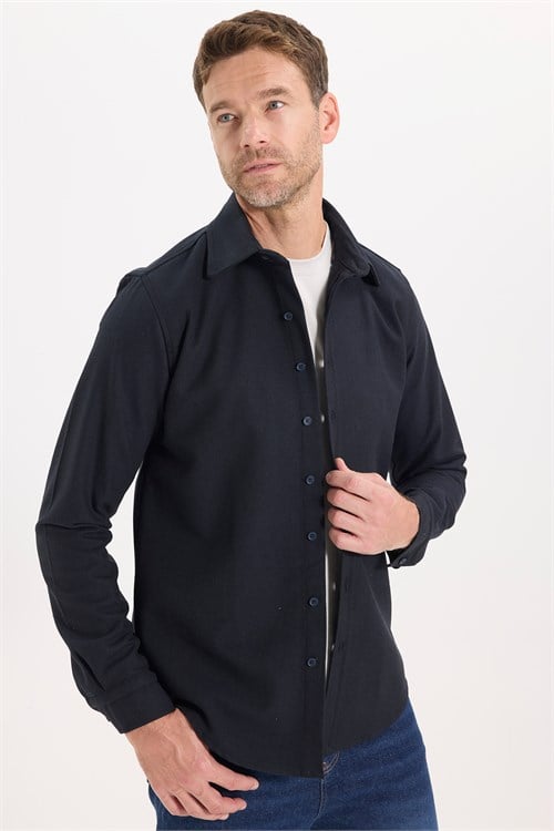 Erkek Slim Fit Dar Kesim Uzun Kollu Dokulu Kışlık Lacivert Gömlek