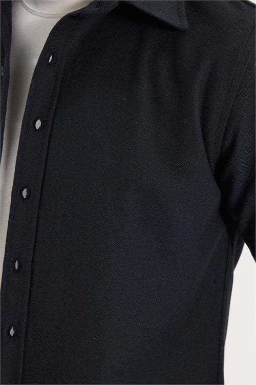 Erkek Slim Fit Dar Kesim Uzun Kollu Dokulu Kışlık Lacivert Gömlek