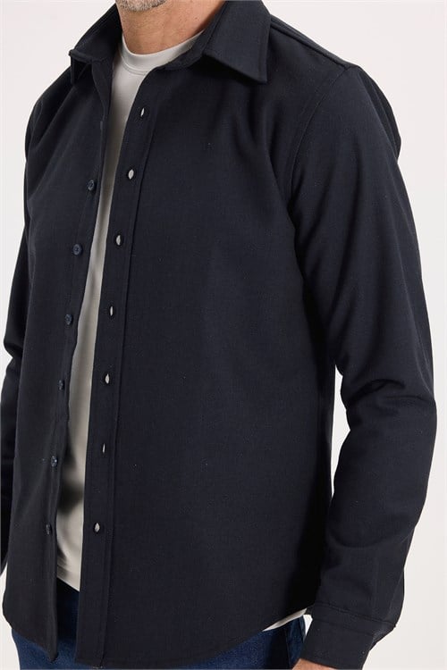 Erkek Slim Fit Dar Kesim Uzun Kollu Dokulu Kışlık Lacivert Gömlek