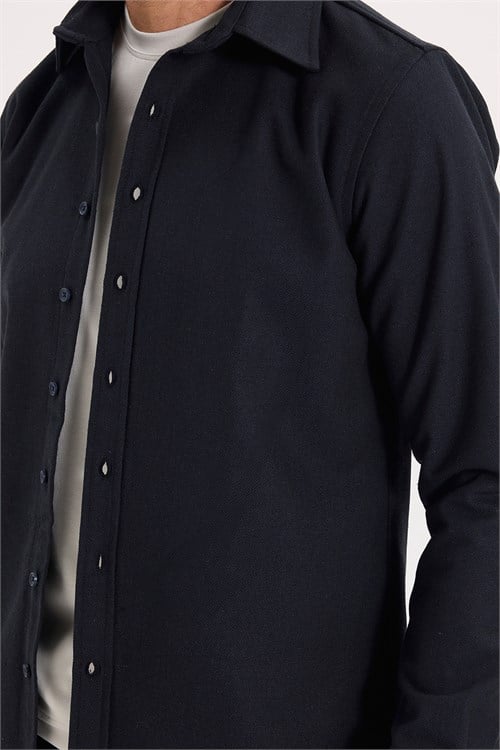 Erkek Slim Fit Dar Kesim Uzun Kollu Dokulu Kışlık Lacivert Gömlek