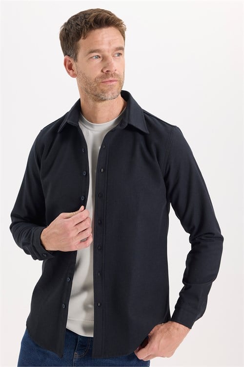 Erkek Slim Fit Dar Kesim Uzun Kollu Dokulu Kışlık Lacivert Gömlek