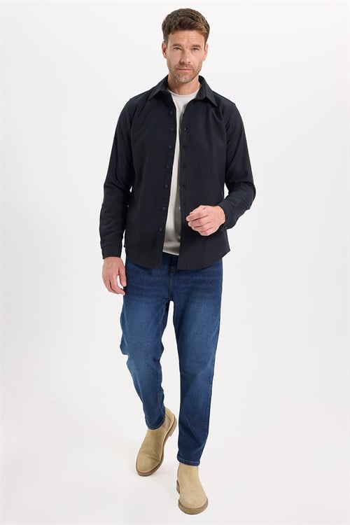 Erkek Slim Fit Dar Kesim Uzun Kollu Dokulu Kışlık Lacivert Gömlek