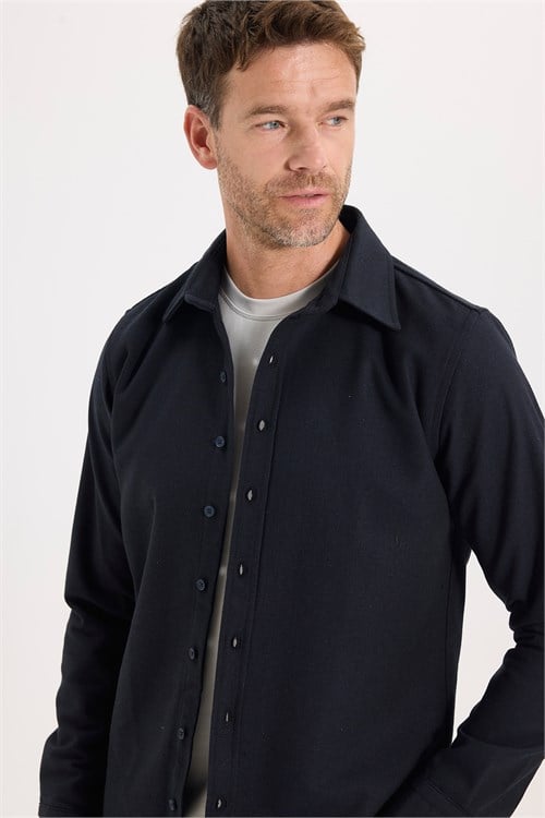 Erkek Slim Fit Dar Kesim Uzun Kollu Dokulu Kışlık Lacivert Gömlek