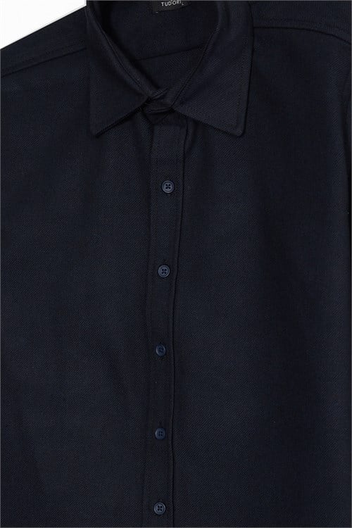Erkek Slim Fit Dar Kesim Uzun Kollu Dokulu Kışlık Lacivert Gömlek