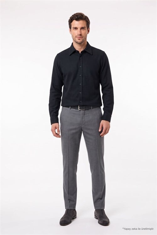 Erkek Slim Fit Dar Kesim Uzun Kollu Dokulu Kışlık Lacivert Gömlek
