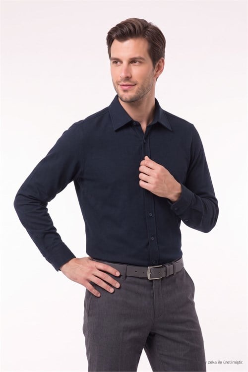 Erkek Slim Fit Dar Kesim Uzun Kollu Dokulu Kışlık Lacivert Gömlek