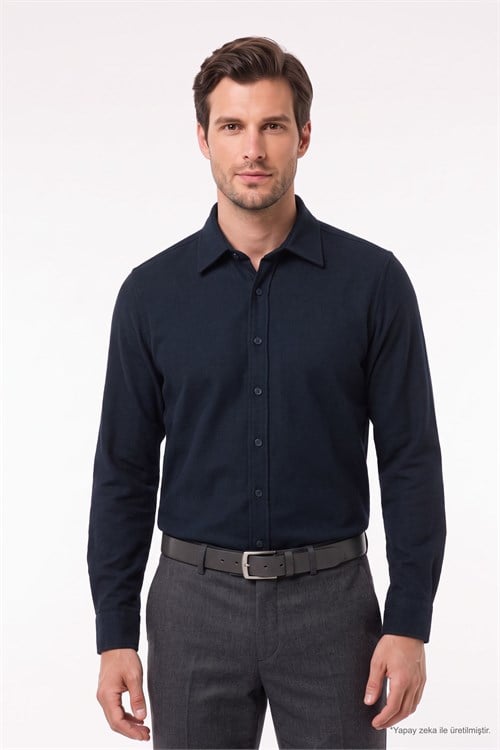 Erkek Slim Fit Dar Kesim Uzun Kollu Dokulu Kışlık Lacivert Gömlek
