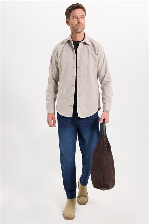 Erkek Slim Fit Dar Kesim Uzun Kollu Dokulu Kışlık Bej Gömlek