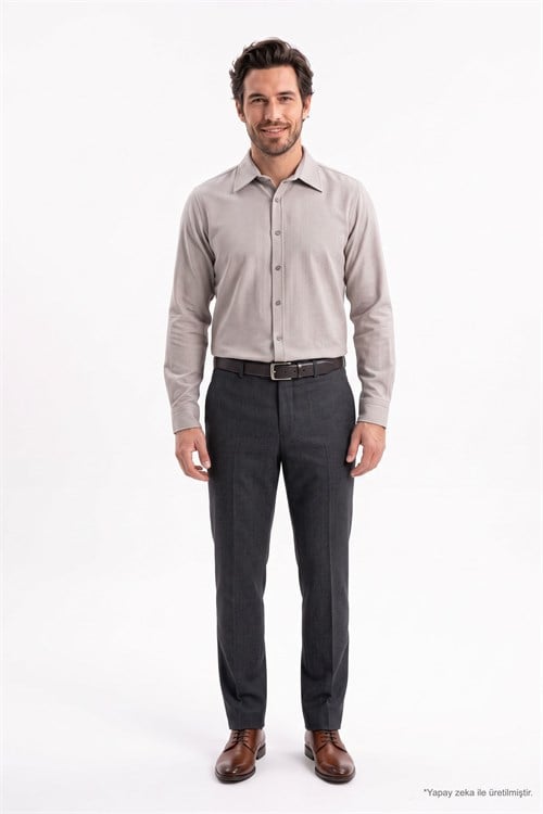 Erkek Slim Fit Dar Kesim Uzun Kollu Dokulu Kışlık Bej Gömlek